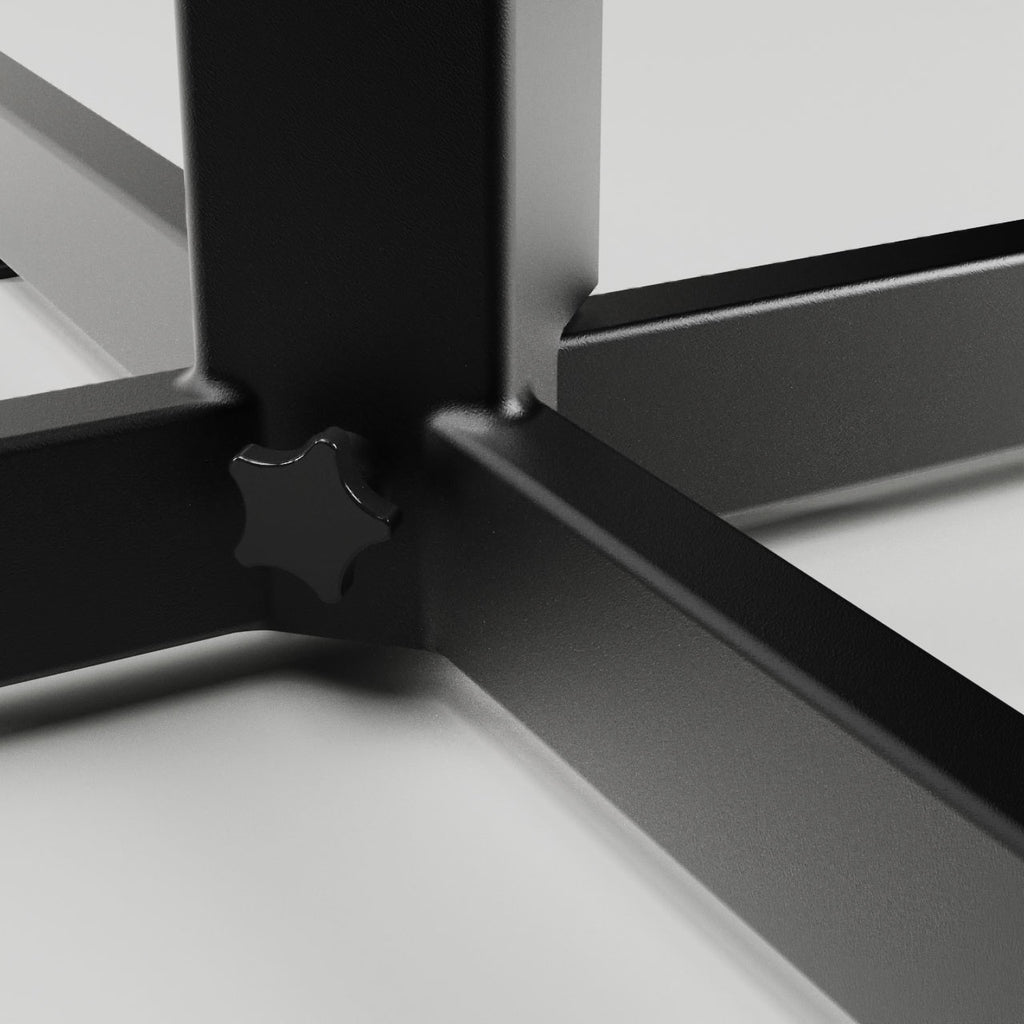 Rockless Table patented pendulum table base for restaurants. Wobble-free restaurant table base dining height made in USA