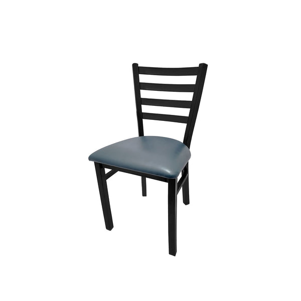 Oak Street Manufacturing standard ladder back dining chair black powder coat commercial indoor use. Blue Ridge Vinyl Seat. 