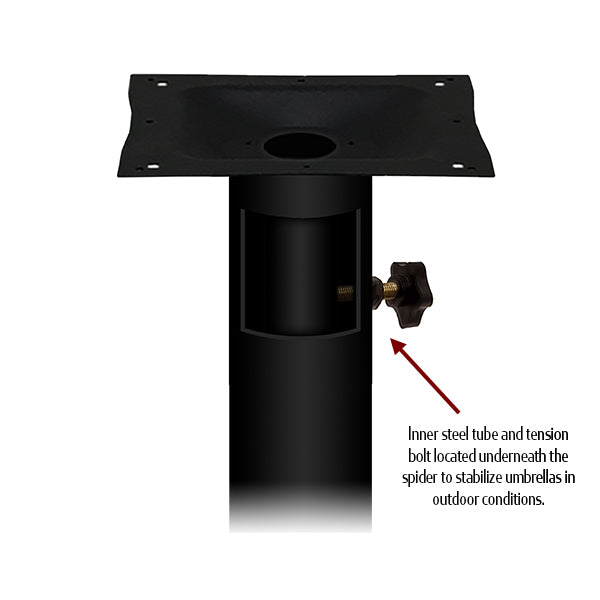 Black umbrella stand with inner steel tube and tension bolt, labeled on a white background.