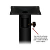 Black umbrella stand with inner steel tube and tension bolt, labeled on a white background.