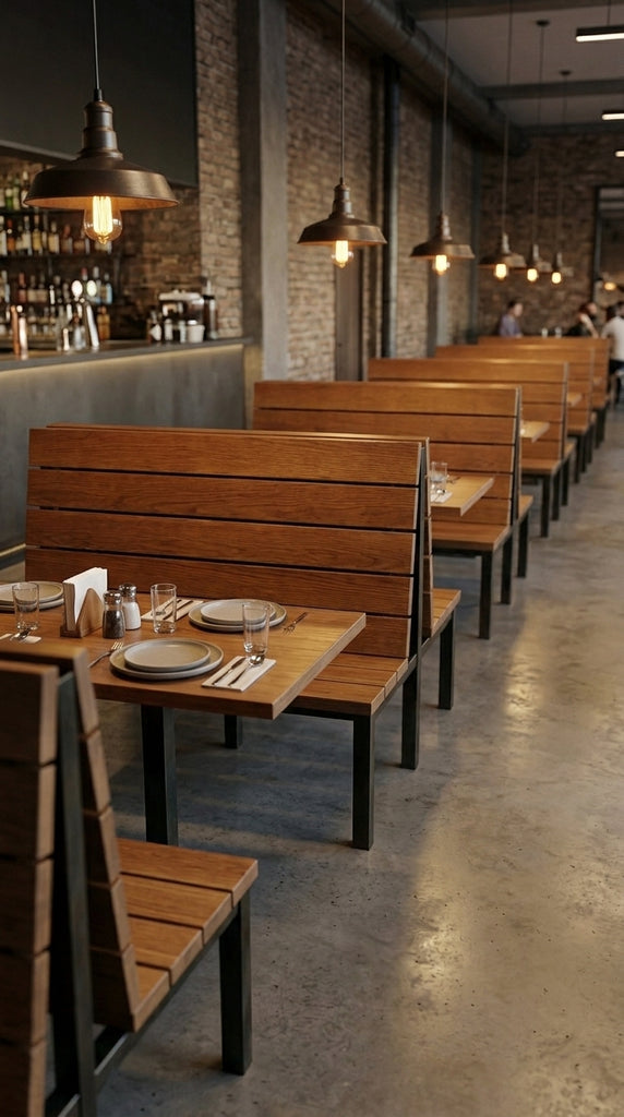 The Ironwood Booth steel frame & solid wood commercial restaurant booth. Available in Red Oak, Walnut, White Oak or Reclaimed Barnwood. USA made.