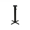 Black stamped steel X-base outdoor bar height table base, 22x22", 4" column, DURAFINISH coating with umbrella hole and adjustable levelers.