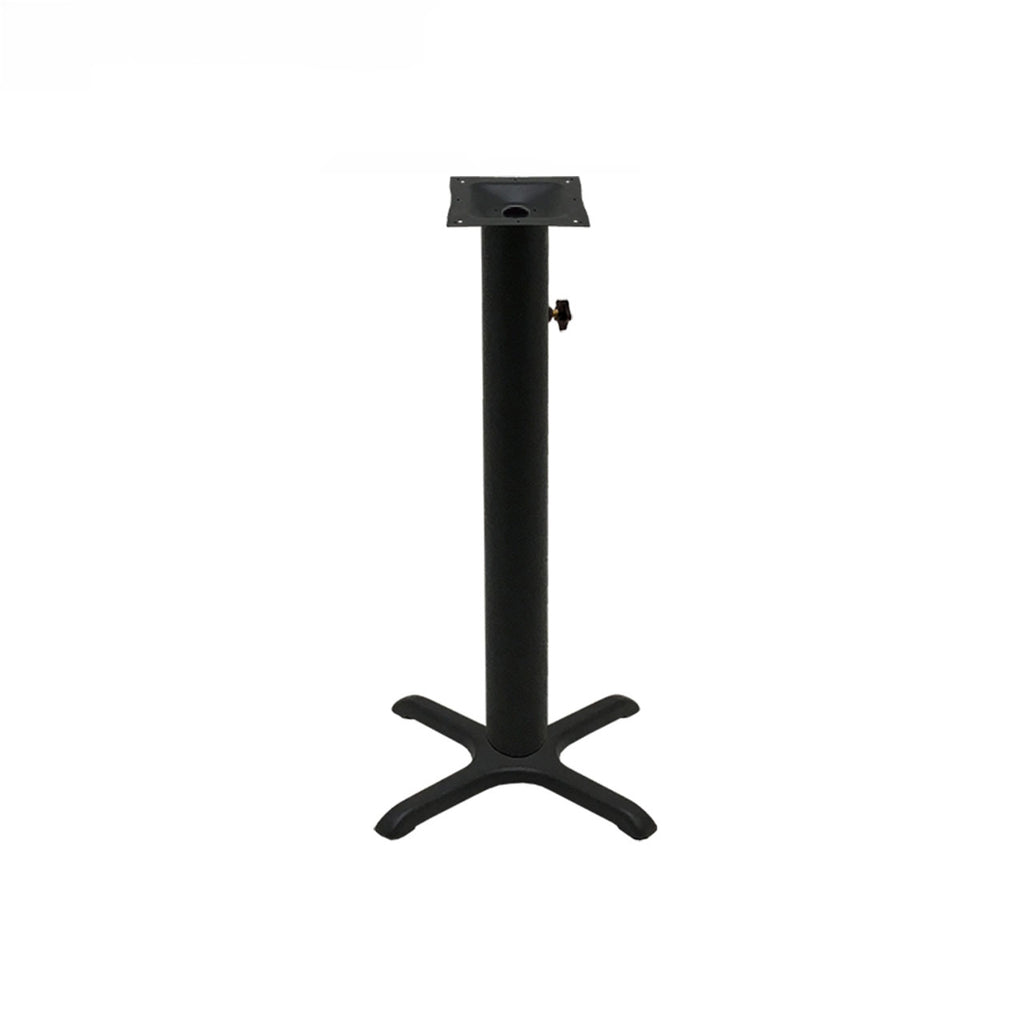 Black stamped steel X-base outdoor bar height table base, 22x22", 4" column, DURAFINISH coating with umbrella hole and adjustable levelers.