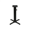 Black stamped steel X-base outdoor table base, 22x22" table height, 4" column, DURAFINISH coating with umbrella hole and adjustable levelers.