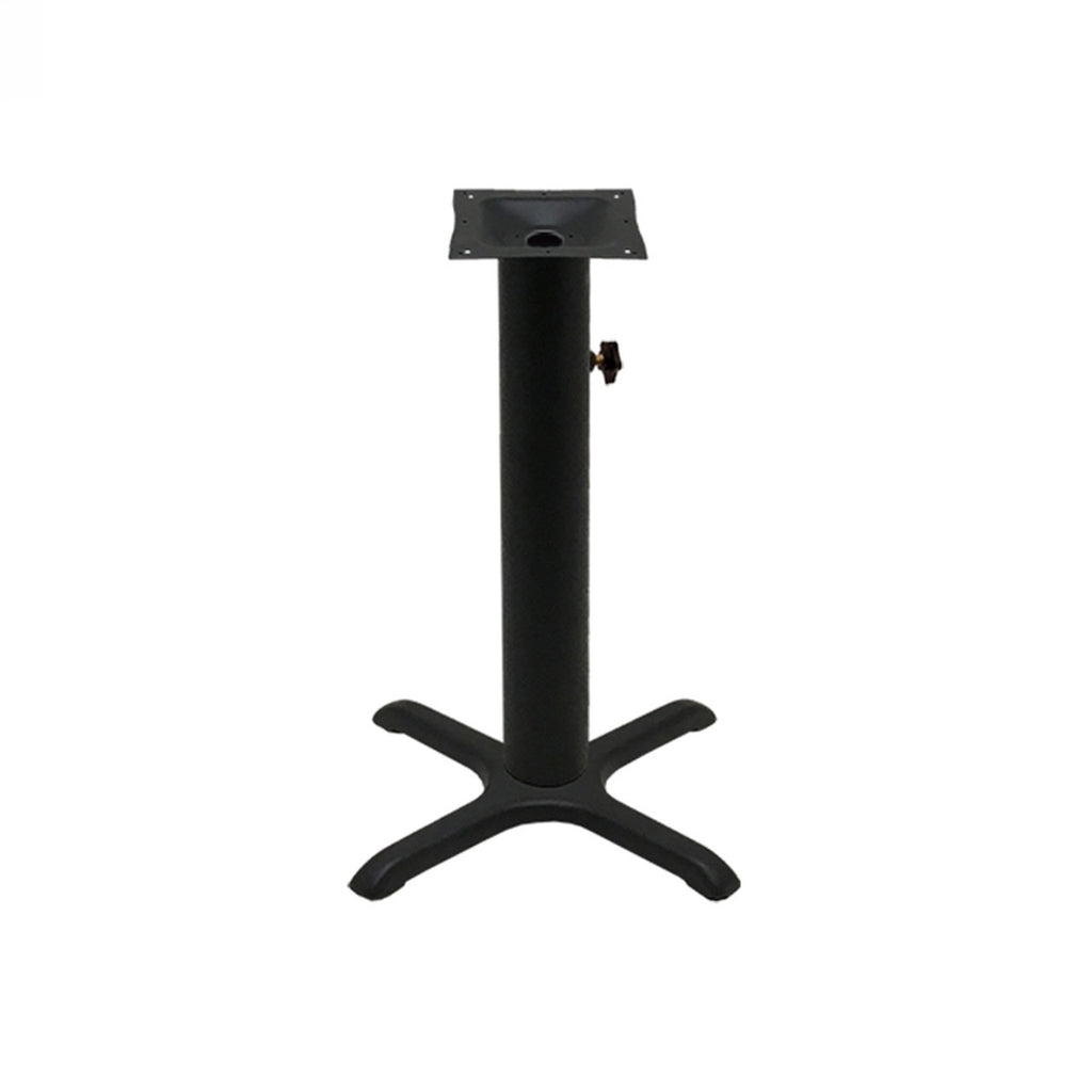 Black stamped steel X-base outdoor table base, 22x22" table height, 4" column, DURAFINISH coating with umbrella hole and adjustable levelers.