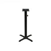 Black stamped steel X-base outdoor bar height table base, 22x22", 3" column, DURAFINISH coating with umbrella hole and adjustable levelers.