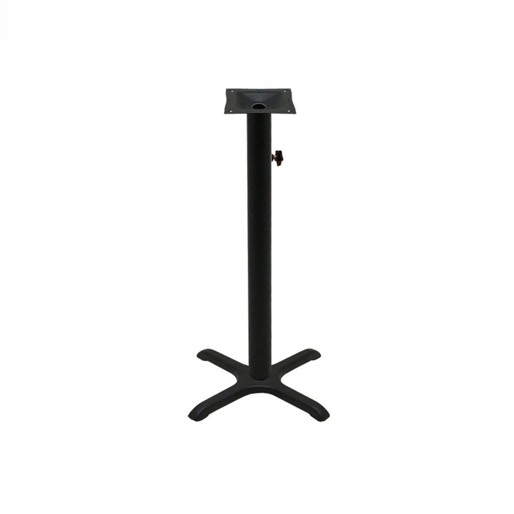 Black stamped steel X-base outdoor bar height table base, 22x22", 3" column, DURAFINISH coating with umbrella hole and adjustable levelers.