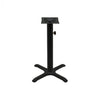 Black stamped steel X-base outdoor table base, 22x22" table height, 3" column, DURAFINISH coating with umbrella hole and adjustable levelers.