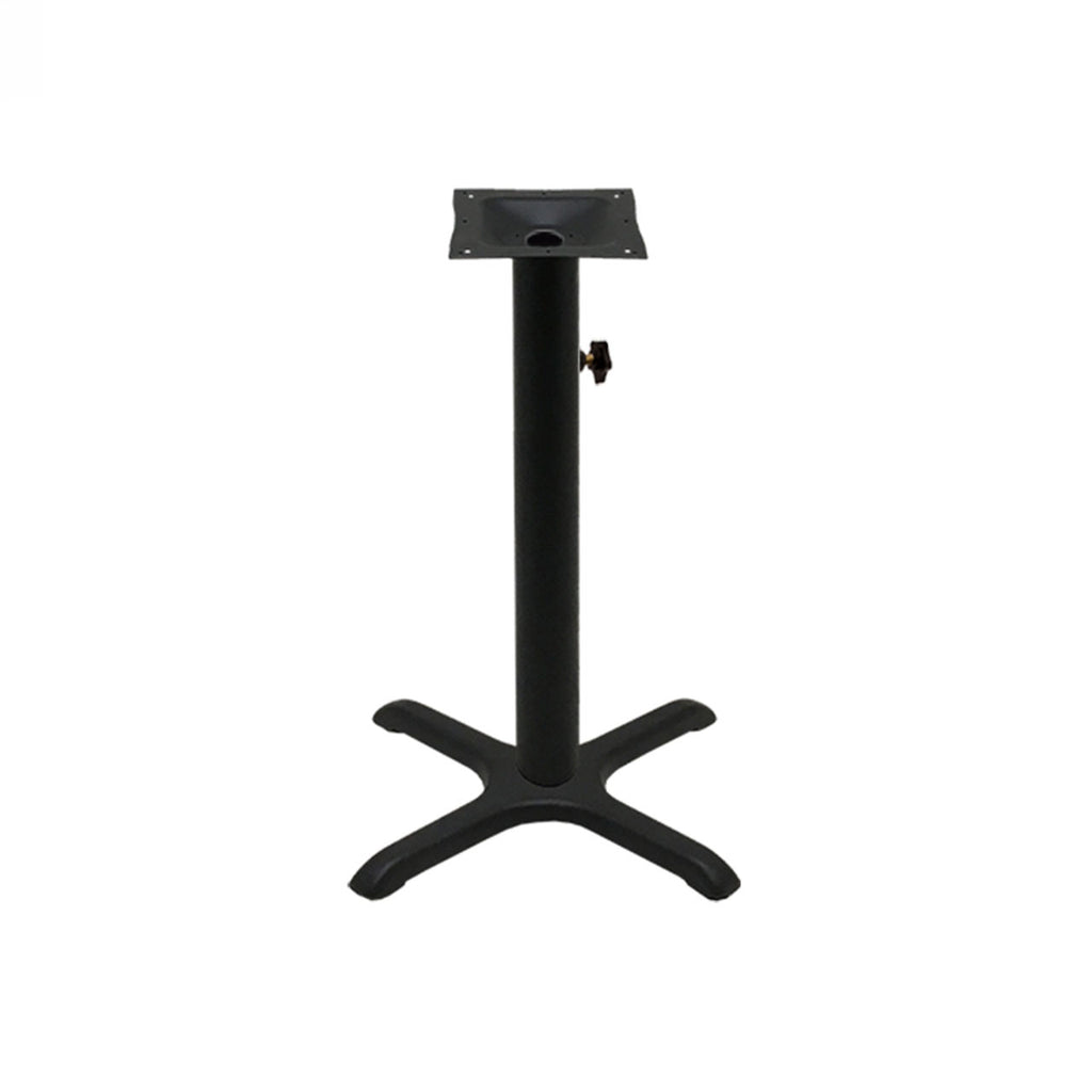 Black stamped steel X-base outdoor table base, 22x22" table height, 3" column, DURAFINISH coating with umbrella hole and adjustable levelers.