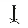 Black stamped steel X-base outdoor bar height table base, 22x30", 4" column, DURAFINISH coating with umbrella hole and adjustable levelers.