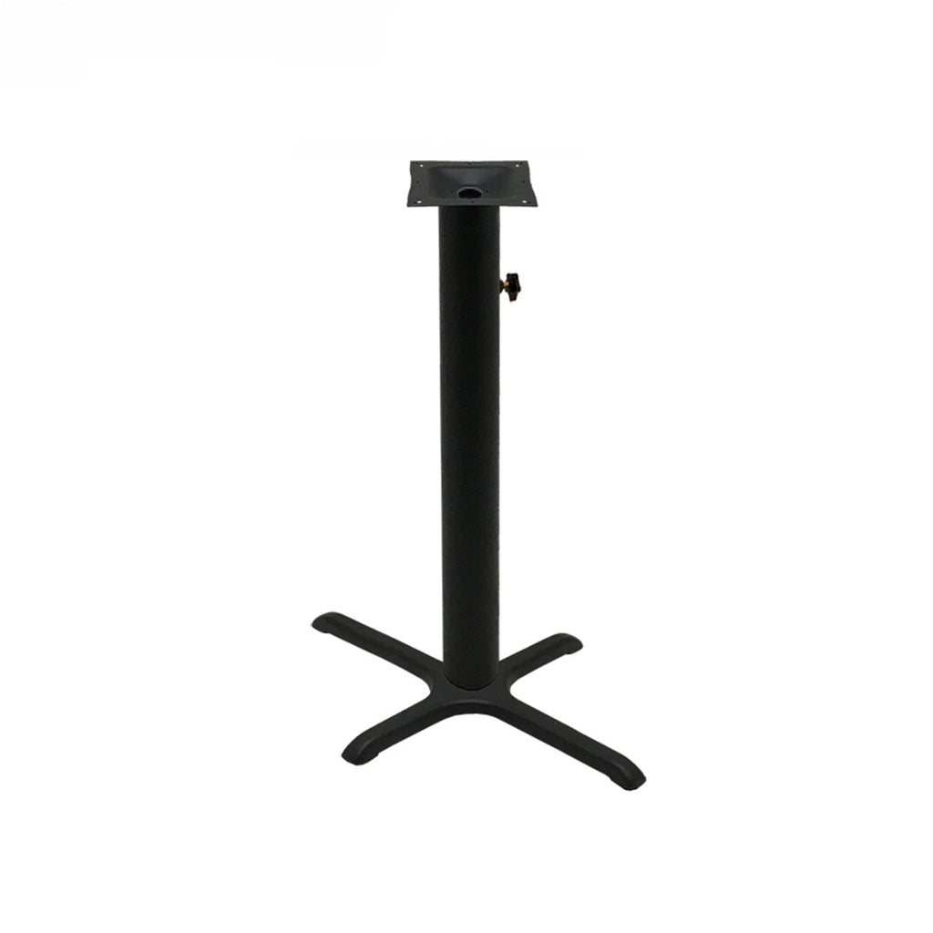 Black stamped steel X-base outdoor bar height table base, 22x30", 4" column, DURAFINISH coating with umbrella hole and adjustable levelers.