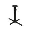 Black stamped steel X-base outdoor table base, 22x30" table height, 4" column, DURAFINISH coating with umbrella hole and adjustable levelers.