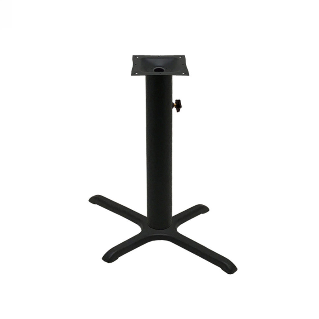 Black stamped steel X-base outdoor table base, 22x30" table height, 4" column, DURAFINISH coating with umbrella hole and adjustable levelers.