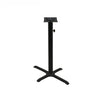 Black stamped steel X-base outdoor bar height table base, 22x30", 3" column, DURAFINISH coating with umbrella hole and adjustable levelers.