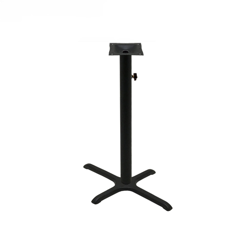 Black stamped steel X-base outdoor bar height table base, 22x30", 3" column, DURAFINISH coating with umbrella hole and adjustable levelers.
