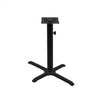 Black stamped steel X-base outdoor table base, 22x30" table height, 3" column, DURAFINISH coating with umbrella hole and adjustable levelers.