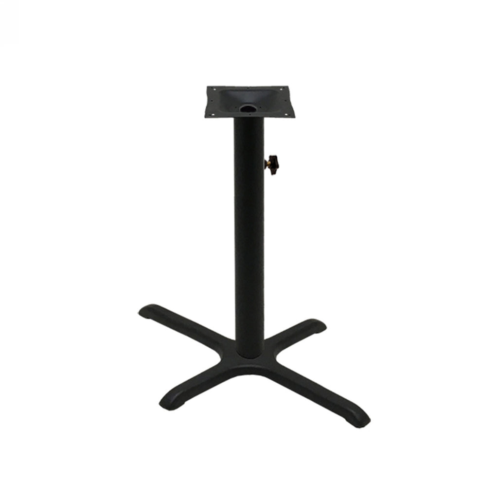 Black stamped steel X-base outdoor table base, 22x30" table height, 3" column, DURAFINISH coating with umbrella hole and adjustable levelers.