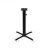 Black stamped steel X-base outdoor bar height table base, 30x30", 4" column, DURAFINISH coating with umbrella hole and adjustable levelers.