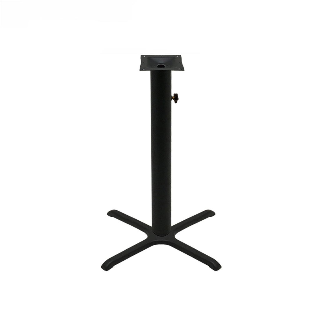 Black stamped steel X-base outdoor bar height table base, 30x30", 4" column, DURAFINISH coating with umbrella hole and adjustable levelers.
