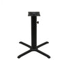 Black stamped steel X-base outdoor table base, 30x30" table height, 4" column, DURAFINISH coating with umbrella hole and adjustable levelers.