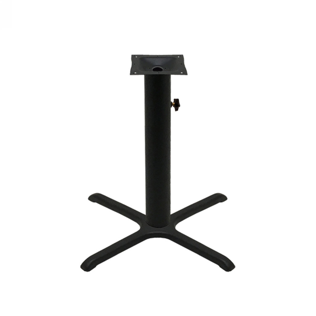 Black stamped steel X-base outdoor table base, 30x30" table height, 4" column, DURAFINISH coating with umbrella hole and adjustable levelers.