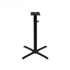 Black stamped steel X-base outdoor bar height table base, 30x30", 3" column, DURAFINISH coating with umbrella hole and adjustable levelers.