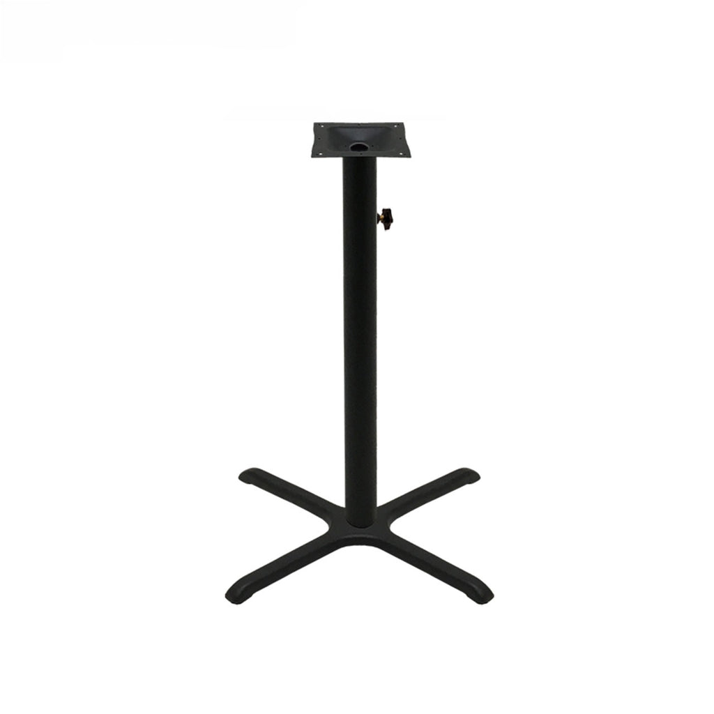 Black stamped steel X-base outdoor bar height table base, 30x30", 3" column, DURAFINISH coating with umbrella hole and adjustable levelers.