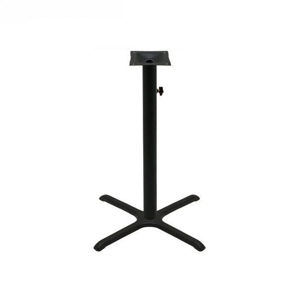 Black stamped steel X-base outdoor bar height table base, 30x30", 3" column, DURAFINISH coating with umbrella hole and adjustable levelers.