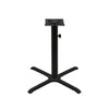 Black stamped steel X-base outdoor table base, 30x30" table height, 3" column, DURAFINISH coating with umbrella hole and adjustable levelers.