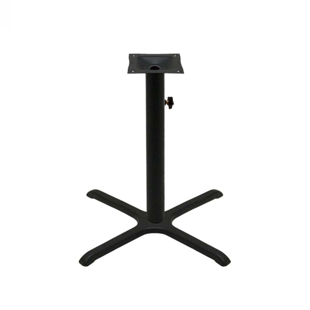 Black stamped steel X-base outdoor table base, 30x30" table height, 3" column, DURAFINISH coating with umbrella hole and adjustable levelers.