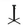 Black stamped steel X-base outdoor bar height table base, 36x36", 4" column, DURAFINISH coating with umbrella hole and adjustable levelers.