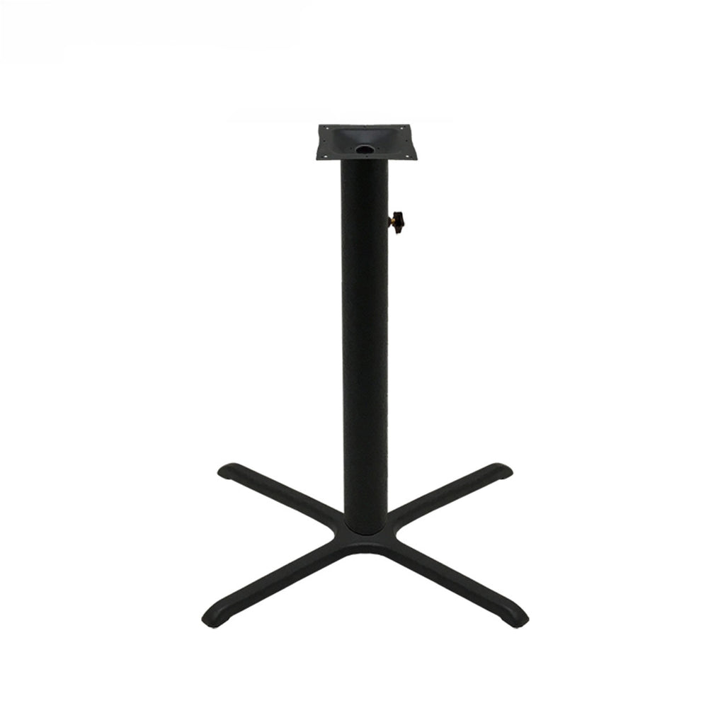 Black stamped steel X-base outdoor bar height table base, 36x36", 4" column, DURAFINISH coating with umbrella hole and adjustable levelers.