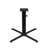 Black stamped steel X-base outdoor table base, 36x36" table height, 4" column, DURAFINISH coating with umbrella hole and adjustable levelers.