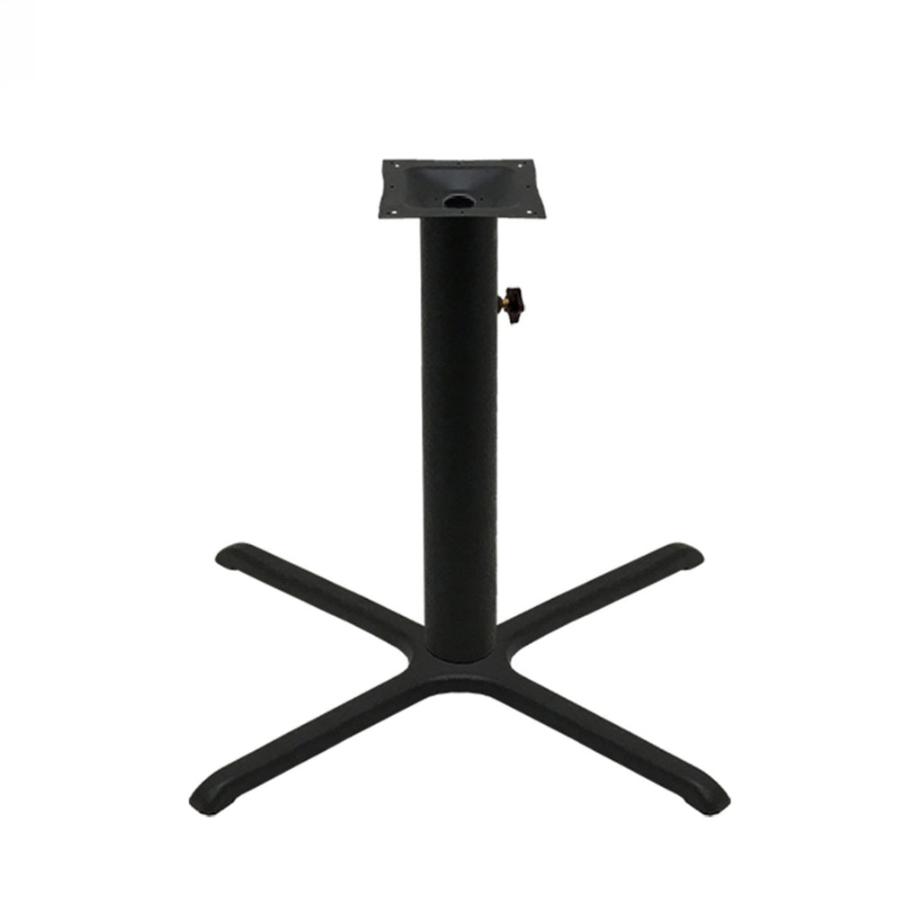 Black stamped steel X-base outdoor table base, 36x36" table height, 4" column, DURAFINISH coating with umbrella hole and adjustable levelers.