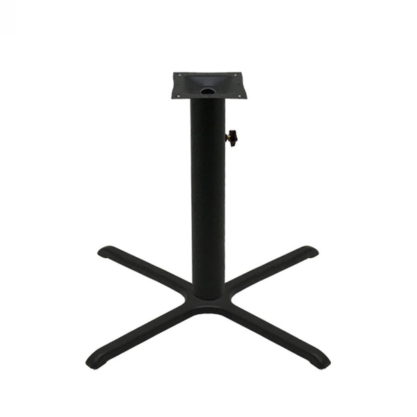 Black stamped steel X-base outdoor table base, 36x36" table height, 4" column, DURAFINISH coating with umbrella hole and adjustable levelers.