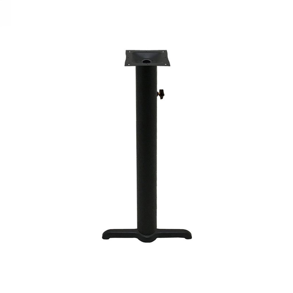 Black stamped steel T-base outdoor bar height table base, 30x30", 4" column, DURAFINISH coating with umbrella hole and adjustable levelers.