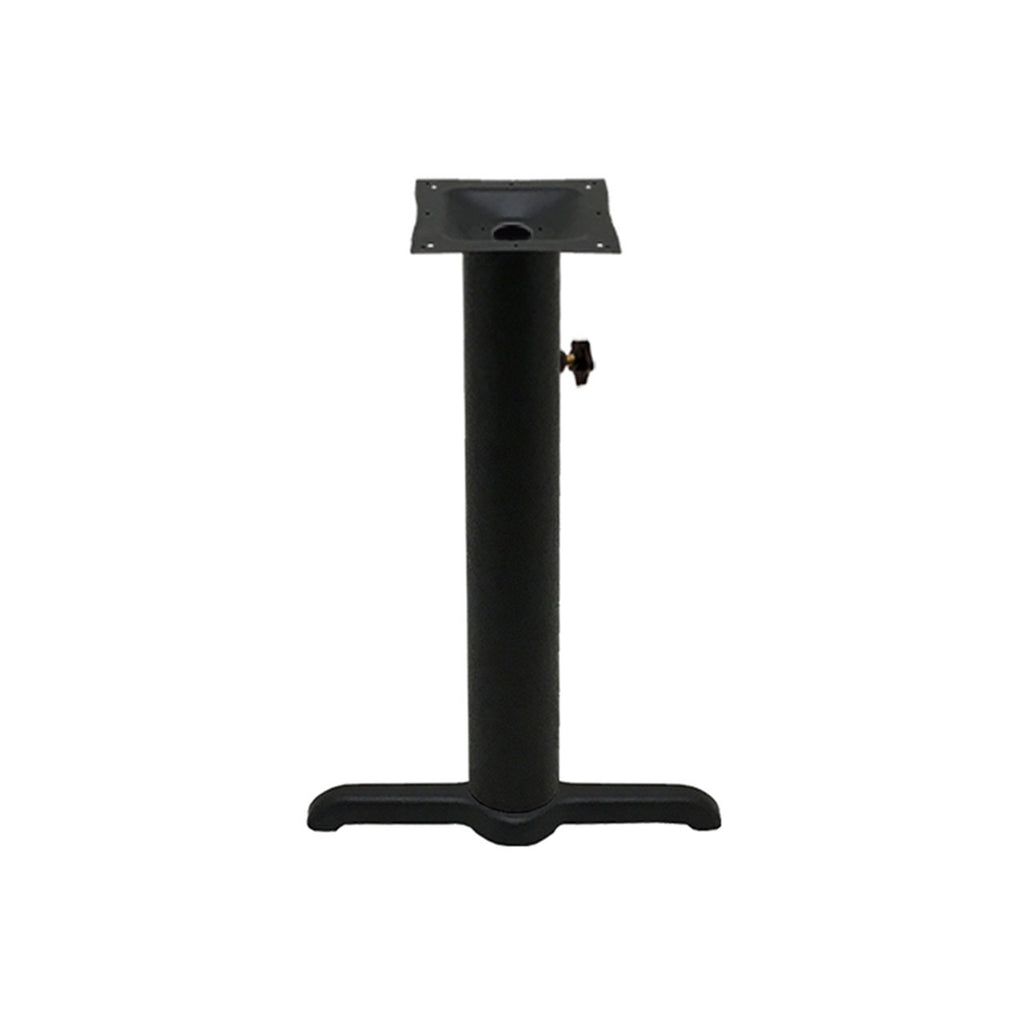 Black stamped steel T-base outdoor table height table base, 30x30", 4" column, DURAFINISH coating with umbrella hole and adjustable levelers.