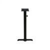 Black stamped steel T-base outdoor bar height table base, 30x30", 3" column, DURAFINISH coating with umbrella hole and adjustable levelers.