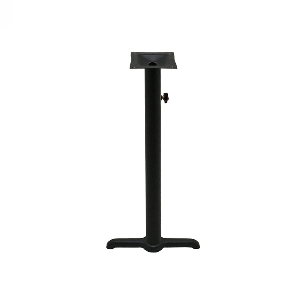 Black stamped steel T-base outdoor bar height table base, 30x30", 3" column, DURAFINISH coating with umbrella hole and adjustable levelers.
