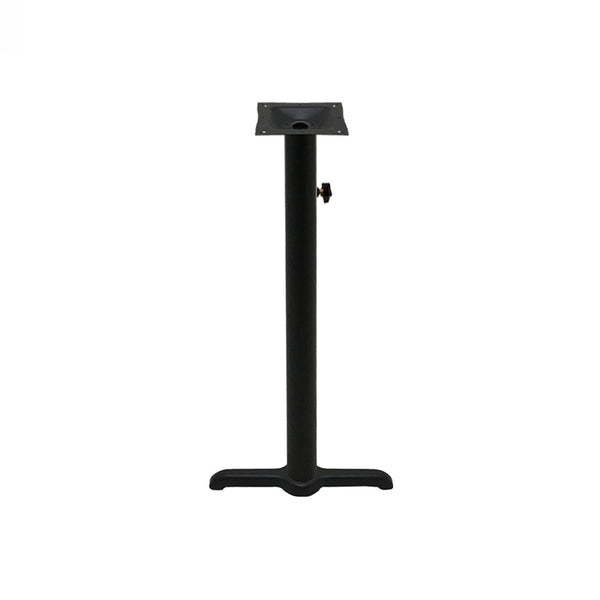 Black stamped steel T-base outdoor bar height table base, 30x30", 3" column, DURAFINISH coating with umbrella hole and adjustable levelers.
