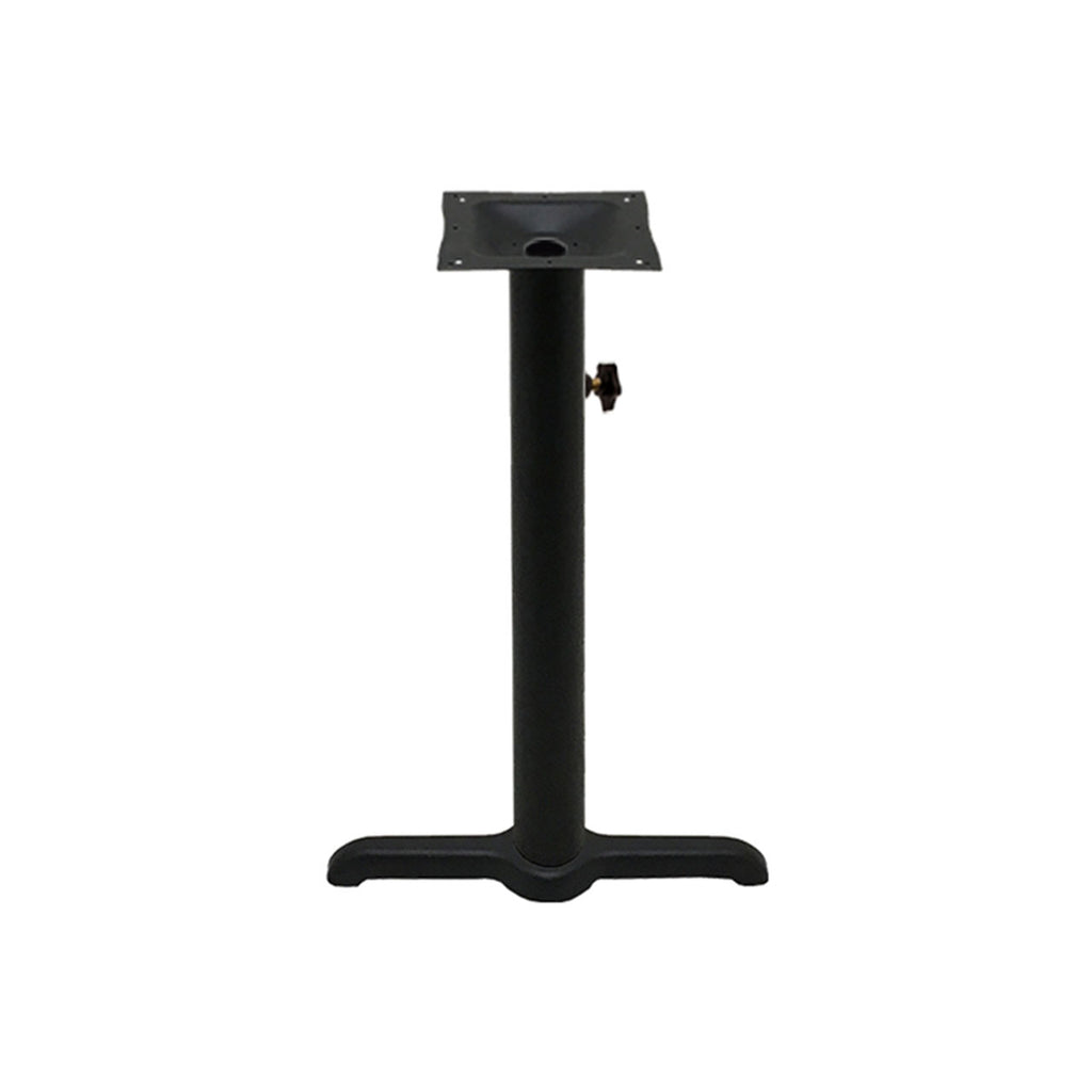 Black stamped steel T-base outdoor table height table base, 30x30", 3" column, DURAFINISH coating with umbrella hole and adjustable levelers.