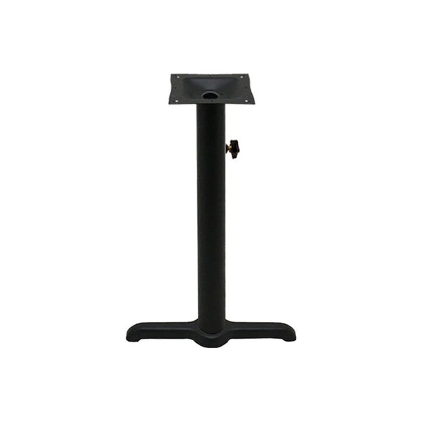 Black stamped steel T-base outdoor table height table base, 30x30", 3" column, DURAFINISH coating with umbrella hole and adjustable levelers.
