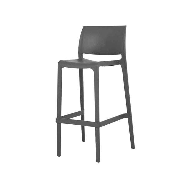 Oak Street Manufacturing Teton Barstool in iron gray — stackable polymer barstool with curved back panel, single horizontal back slot, integrated footrest, and four tapered legs