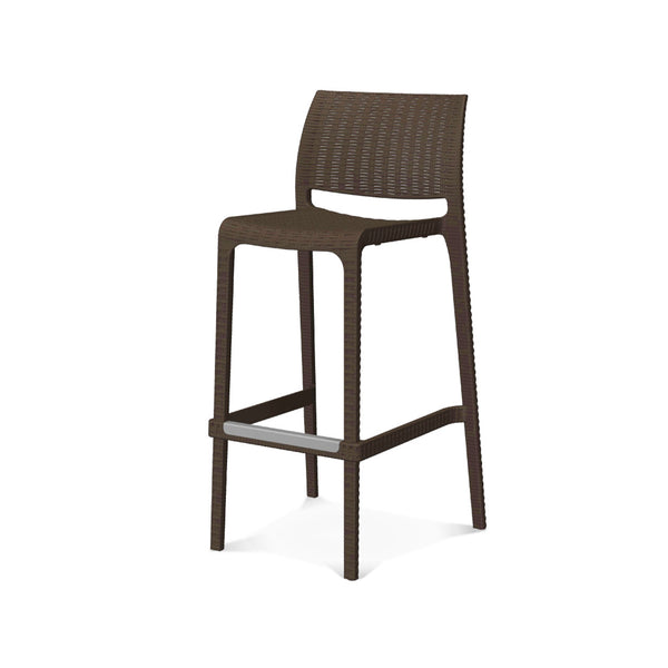 Oak Street Manufacturing Olympus Barstool in coffee brown — wicker-texture polymer barstool with curved back panel, single horizontal back slot, aluminum footrest bar, and four tapered legs