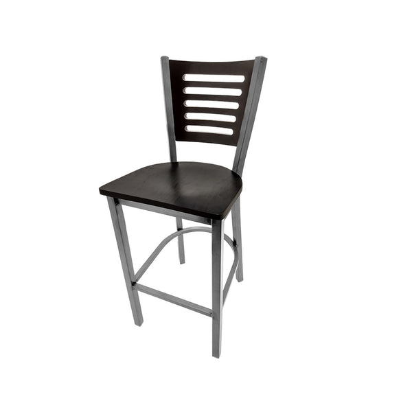 Oak Street Manufacturing 5 line wood back barstool clear coat frame black wood back commercial indoor. Black wood seat. 