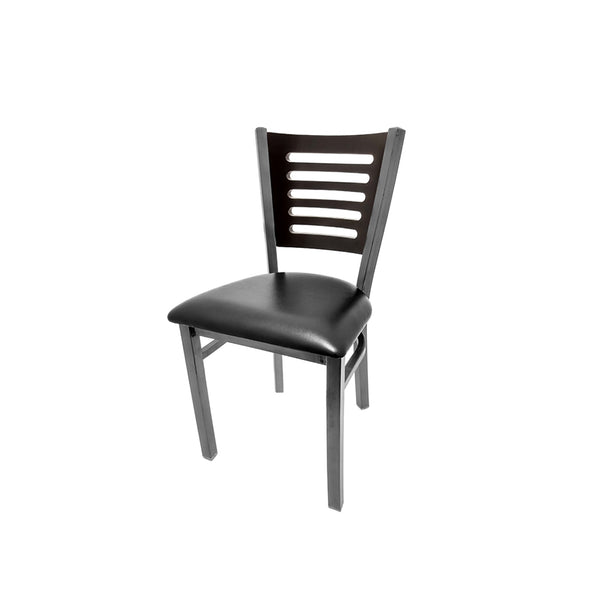 Oak Street Manufacturing 5 line wood back dining chair clear coat frame black wood back commercial indoor. Black Vinyl seat. 